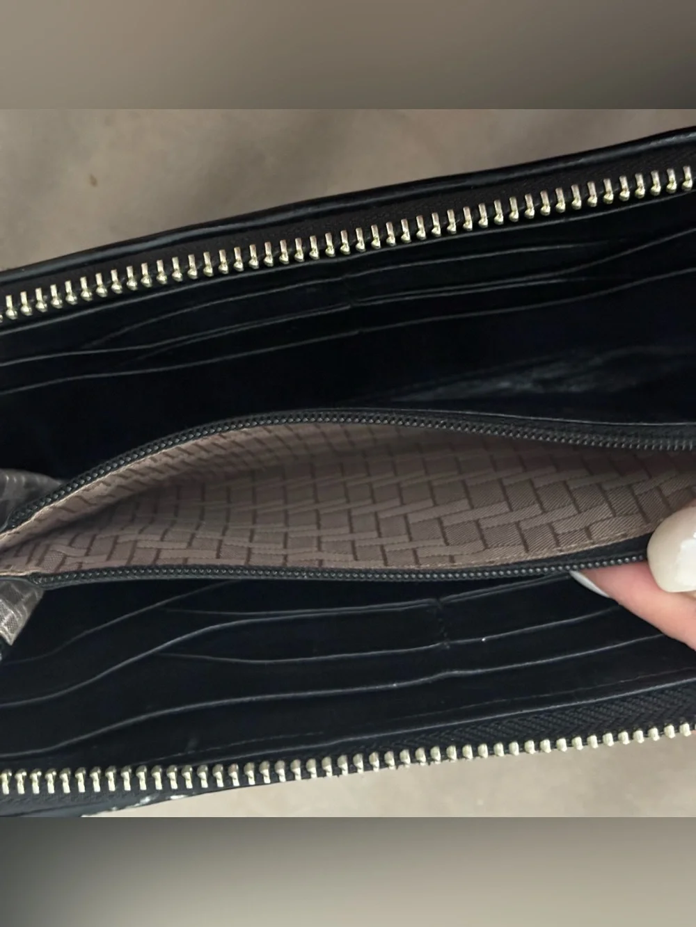 Cole Haan Black Woven Patent Leather Zip Around Wallet Checkered Organizer
